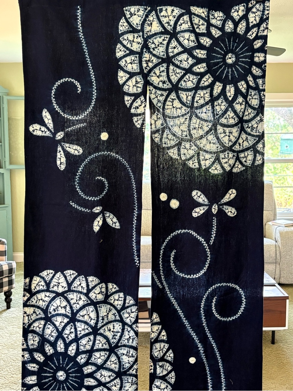 Vtg Japanese indigo shibori Noreen Curtain dragonfly chrysanthemum 59 x 35